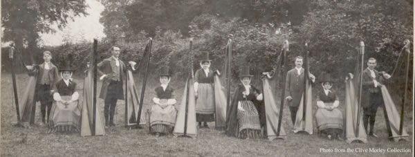 Eisteddfod Harpists, Abergavenny 1913. Stanley Jones, Theresa Munkley, Slyfni Hughes, Mrs Davis (Molleston), Enid Walters, Gruffydd Richards, Pedr James, Laura Jones & Dafydd Roberts